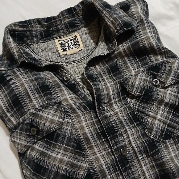 Converse ONE STAR  Men's Small double-layer Cotton Black Plaid Button-Up shirt - Picture 8 of 16
